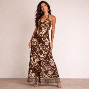 Vintage Y2K does 70s Mod Halter Maxi Dress Brown Cream Floral Beaded Strap S